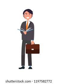 Male character in expensive suit with tie, with leather briefcase and open book, smiling businessman rich person isolated on white vector illustration