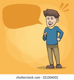 Male character, expressing emotion happy, with speech bubble vector illustration