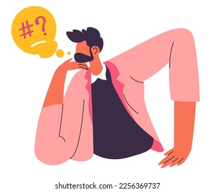 Male character expressing frustration or confusion, man thinking and brooding. Personage swearing or saying bad words, chaos in thoughts and ideas. Depressed or frustrated. Vector in flat style