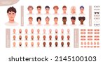 Male character face construction. Man avatar creation kit. Generator, constructor of diverse hairstyles, skin, eyes, lips, brows set. Colored flat vector illustration isolated on white background.