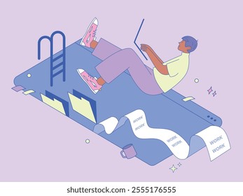 Male character falling into a pool while working on a laptop. Merging with a large document and tasks. Casual outfit. Concept of work immersion and task overload. Flat, vector, illustration, isolated.