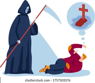 Male character fear of death, man lay floor fearful death skeleton hoodie scythe isolated on white, cartoon vector illustration. Person think grave plate, concept dead panic attack.