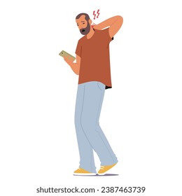 Male Character Feel Discomfort due to Wrong Posture. Man Hunches Over His Phone, Causing Neck Pain From Improper Pose, As His Head Leans Forward And Shoulders Slump. Cartoon People Vector Illustration