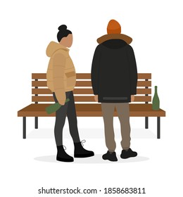 Male character and female character with bottle in hand stand near bench on white background