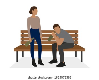 Male character and female character with bottles in hands on bench on white background