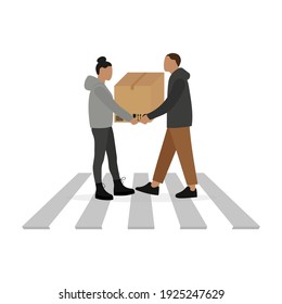 Male character and female character with a box in hands on a pedestrian crossing on a white background