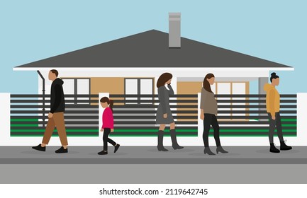 A male character, female characters and a little girl are walking along the sidewalk past a private house