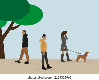 Male character and female characters, one of them with a dog, are walking outdoors