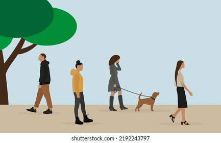 Male character and female characters, one of them with a dog, are walking outdoors