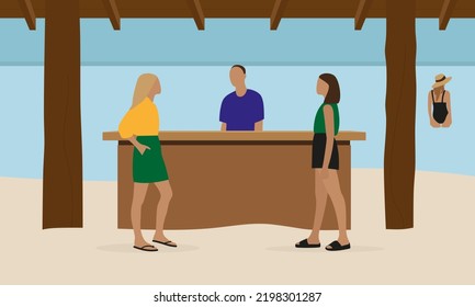 A male character and a female characters are standing near the bar table on the beach in summer