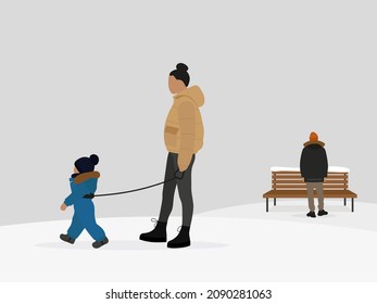 Male character, female character and child outdoors in winter