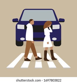 Male character and female character cross a pedestrian crossing in front of a car