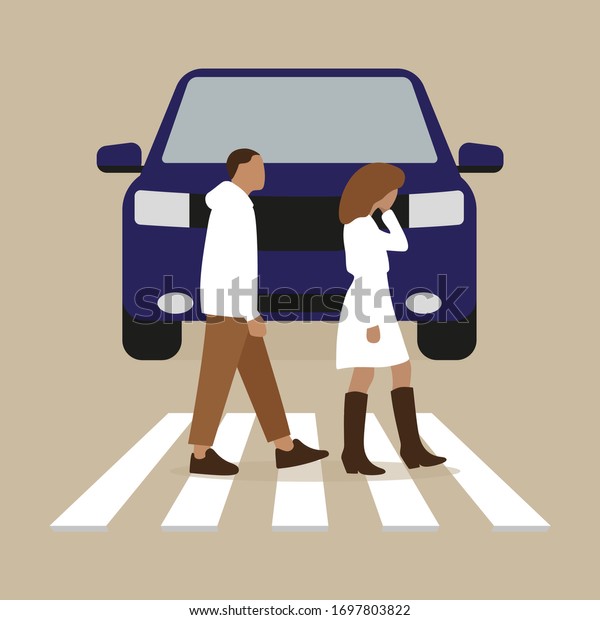 Male character and female character cross a\
pedestrian crossing in front of a\
car