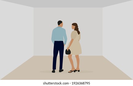 Male character and female character in elegant clothes are standing together in an empty room