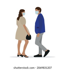 Male character and female character in elegant clothes and wearing medical masks stand and look at each other on a white background
