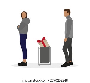 Male character, female character and gift box with red bow in trash can on white background