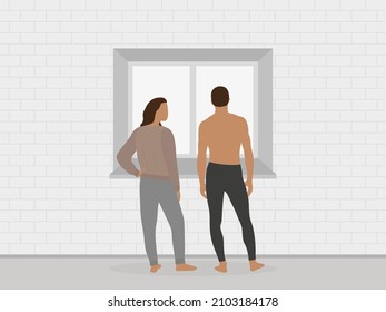 A male character and a female character in home clothes are standing near the window against the background of a brick wall