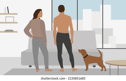 Male character, female character in home clothes and a dog are standing together in a room near the sofa