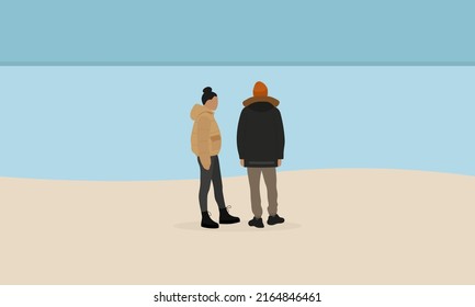 Male character and female character in jackets are standing on the beach