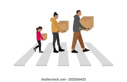 Male character, female character and little girl with cardboard boxes in their hands are walking along a pedestrian crossing on a white background