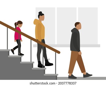 Male character, female character and little girl going down the stairs on a white background