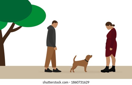 Male character and female character look at the dog in the park