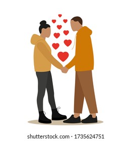 A male character and a female character look at each other and hold hands, and red hearts fly between them