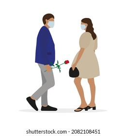 Male character and female character on a date wearing medical masks on white background