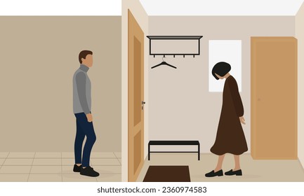 A male character and a female character are on opposite sides of the same door indoors