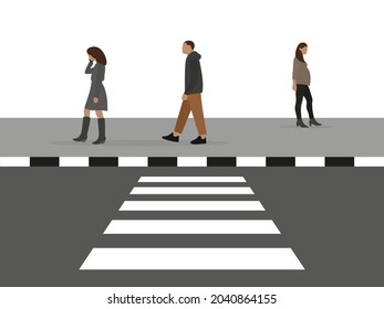 Male character, female character and pregnant female character walking on the sidewalk past the crosswalk