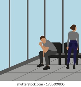 Male character and female character in a room with armchairs and panoramic windows