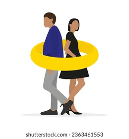 Male character and female character stand back to back inside a huge golden ring on a white background
