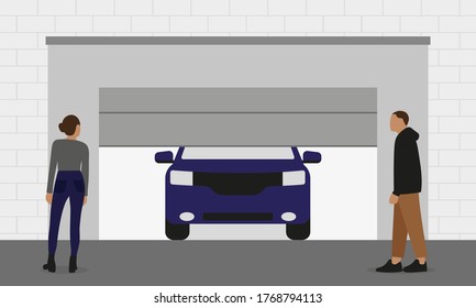 A male character and a female character stand near a garage with automatic gates and a car