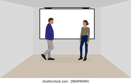 A male character and a female character are standing near the screen hanging on the wall