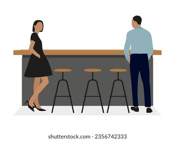 A male character and a female character are standing near the bar table on a white background