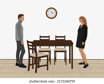 A male character and a female character are standing on opposite sides of the table and looking at each other