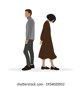 Male character and female character are standing with their backs to each other on a white background