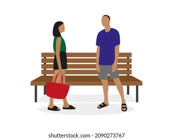 Male character and female character in summer clothes stand near a wooden bench on a white background