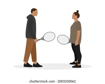 Male character and female character with tennis rackets looking at each other on white background