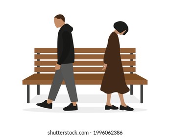 Male character and female character are walking in different directions near a wooden bench on a white background