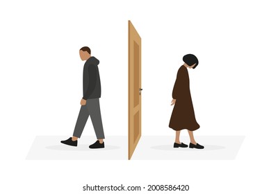 Male character and female character are walking in different directions from the door on a white background