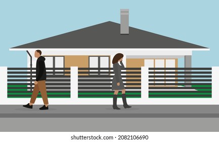 A male character and a female character are walking on the sidewalk past the house in different directions