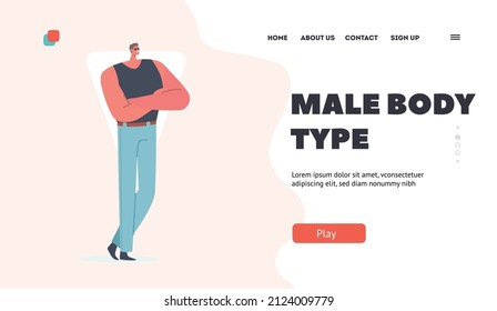 Male Character Figure Type Landing Page Template. Man with Inverted Triangle Body Shape Posing in Blue Jeans and Black Singlet, Man with Wide Shoulders and Narrow Hips. Cartoon Vector Illustration