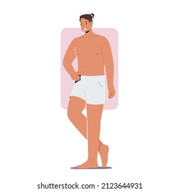 Male Character Figure Types, Man With Rectangle Body Shape Stand With Arm Akimbo, Person Posing In Panties And Naked Torso Isolated On White Background. Cartoon People Vector Illustration