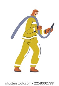 Male character in firefighter suit holding a hose for extinguishing and putting out fire and flames. Emergency services worker with helmet and protective costume. Vector in flat style illustration