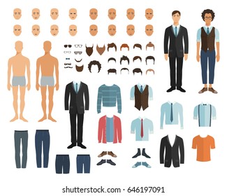 Male character in flat style. Constructor. Choose haircut, clothes and emotion. Vector illustration in flat style.