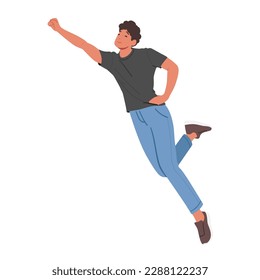 Male Character In Flight, Hovering Effortlessly Above The Ground Below, With Extended Arm And A Serene Expression On Face, Concept of Motivation, Wonder And Awe. Cartoon People Vector Illustration