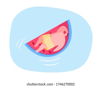 Male Character Floating on Inflatable Mattress in Shape of Watermelon Piece Enjoying Summer Time Vacation. Resort or Hotel Summertime Relax in Swimming Pool, Ocean or Sea. Cartoon Vector Illustration