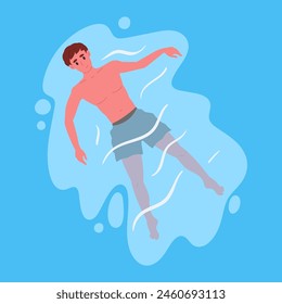 Male character floating in water. Guy swimming in pool or ocean, summer vacation activity flat vector illustration. Cartoon man relaxing and swimming in water