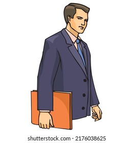 Male Character With A Folder For Documents In Hand Vector Illustration. A Businessman Carries A Folder
